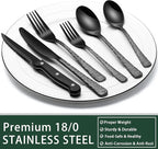 EWFEN 24-Piece Black Silverware Set with Steak Knives, Black Flatware Set for 4, Food-Grade Stainless Steel Tableware Cutlery Set, Mirror Finished Utensil Sets for Home Restaurant, Tree Pattern