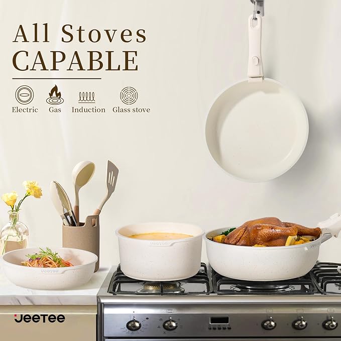 JEETEE Pots and Pans Set Non Stick 17pcs, Kitchen Cookware Sets with Detachable Handle, Induction Nonstick Cookware Set with Removable Handle, Stackable RV Cookware, Oven Safe, PFAS/PFOA Free, Beige