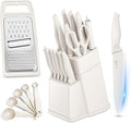 HaWare Knife Set, 21 Pieces Stainless Steel Kitchen Knife Block Set, White Chef Knife Sets with Measuring Spoon & Slicer for Home, 6 Steak Kinves, Sharp Blade & Light Weight Cutlery, Ergonomic Handle