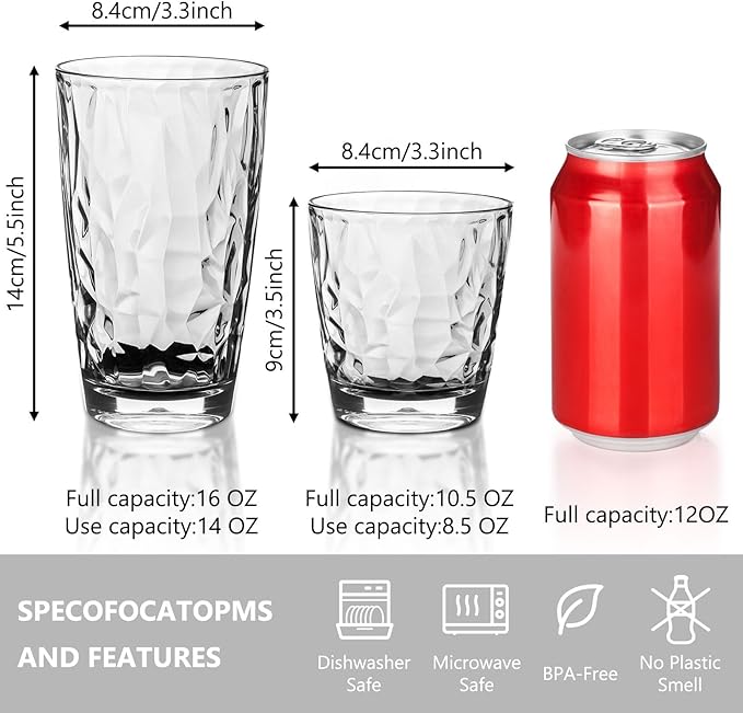 Topsky Reusable Plastic Cups, Shatter Proof Drinking Glasses, Unbreakable Tumblers for Home, Picnic, Party - Dishwasher Safe, Stackable | 10-oz, 16-oz