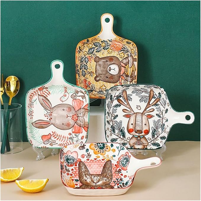 Ceramic Baking Pan, Forest Animals Pattern Tableware With Handle Salad Bowl Au Gratin Dish(Bear rectangular)