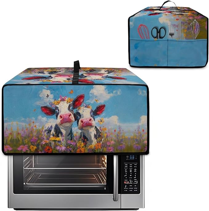 Cow Butterfly Flower Print Toaster Oven Cover, Dust-proof Heat-resistant Air Fryer Cover with Accessory Pockets, Kitchen Small Appliance Protector, (Large-18.5*22.5*12.99 inches)