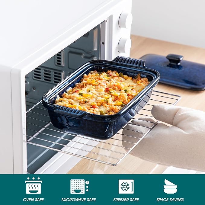 vancasso Starry Casserole Dish With Lid, 1.9 Quart Casserole Dish for Oven, 12x7 Baking Pan with Handles, Casserole Baking Dish Lasagna Pan with Lid, Microwave, Dishwasher Safe, Blue