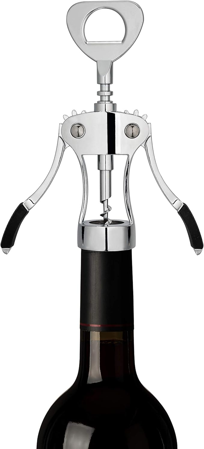 True Spiral Winged Corkscrew Wine Opener, Multi-Purpose Bottle Opener for Beers and Soft Drinks, Stainless Steel with Rubber Grip Wing Handle, for Bartenders, Home Bar, Kitchen, Restaurant, Silver