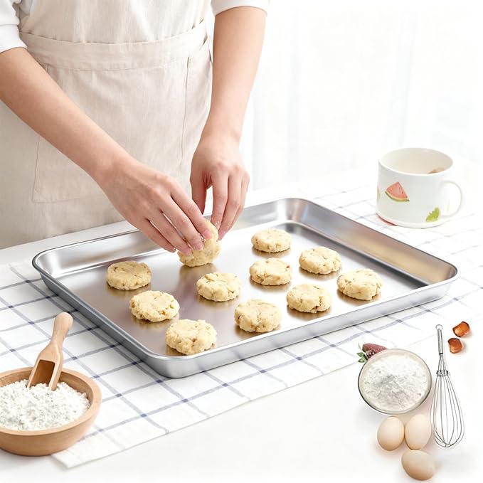 2 Pack Baking Sheet, 6.9 x 9.2 x1 Inch Stainless Steel Cookie Sheet, Toaster Oven Tray Pans, Heavy Duty Baking Pans for Kitchen, Bakings Tray for Oven, Easy Clean & Dishwasher Safe