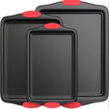 3PCS Carbon Steel Non-Stick Baking Pan | Commercial Restaurant Grade, Double-Sided Non-Stick Coating, Luxurious & Stylish Design with Red Silicone Handle - Oven Safe Kitchen Bakeware