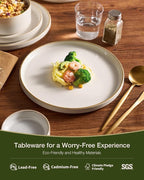 Famiware Star 24-Piece Stoneware Dinnerware Sets with Trim, Service for 8 - Ceramic Plates and Bowls Set, Ribbed Dishes with High Edge, Chip & Scratch Resistant, Microwave & Dishwasher Safe, White