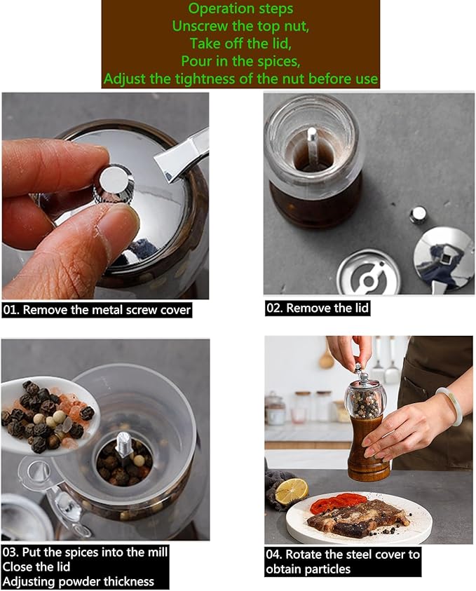 Pepper Mills, Classical Roast Black Manual Pepper Grinder Set，Hand Shake Salt Mill，Retro Style Wood， Acrylic，Ceramic Blades，Metal Handle, Enjoy Fresh Pepper (Walnut color 1pcs-6in)
