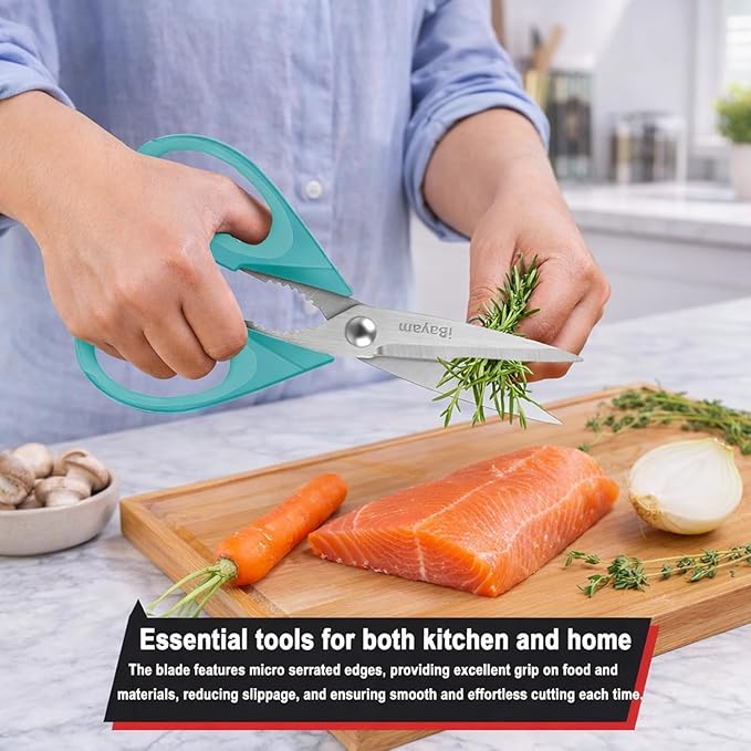 Kitchen Shears, iBayam Kitchen Scissors Heavy Duty Meat Scissors Poultry Shears, Dishwasher Safe Food Cooking Scissors All Purpose Stainless Steel Utility Scissors, 2-Pack (Black, Aqua Sky, 8-inch)