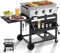 MELLCOM 3 Burner 30000 BTU Outdoor Gas Griddle with Lid (Side Shelf), Portable Flat Top Griddle 28 Inch Heavy- Duty Cast lron Grill, Bottle Rack & Grease Pan for Camping, Picnic, Patio