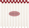 100 Pcs 6 Inch Red Heart Shaped Valentine's Day Wooden Swizzle Sticks, Cocktail & Coffee Drink Stirrers, Rock Candy Sticks, Cake Pop Sticks, Lollipop Sticks for Anniversary, Wedding Party