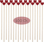 100 Pcs 6 Inch Red Heart Shaped Valentine's Day Wooden Swizzle Sticks, Cocktail & Coffee Drink Stirrers, Rock Candy Sticks, Cake Pop Sticks, Lollipop Sticks for Anniversary, Wedding Party