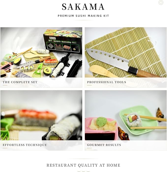Complete Sushi Making Kit, 21 Pieces, Black Bazooka Roller with Natural Bamboo Mats, Knife, Chopsticks, Dipping Dishes, Rice Tools, DIY Home Sushi Rolling Set