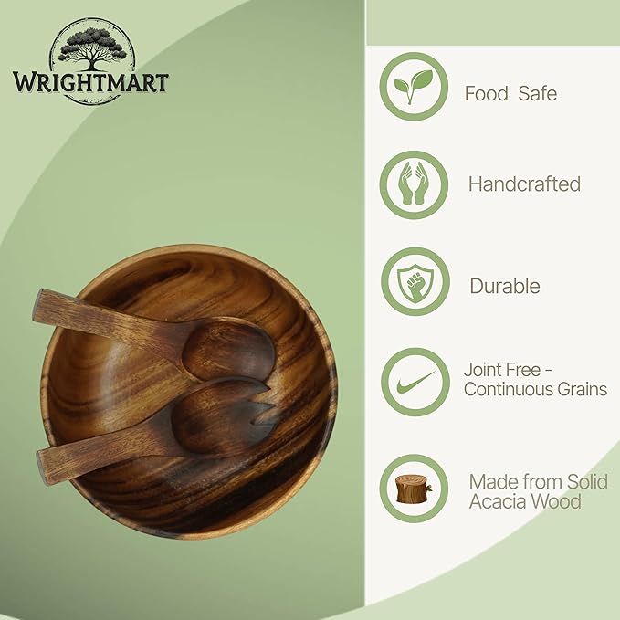 Acacia Wooden Salad Bowl Set – 9” Round Handcrafted Bowl with 2 Wood Servers, Rustic Durable Serveware for Salads, Fruit, Snacks & Everyday Dining, Gift-Ready Set of 3