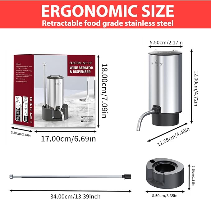 Vinflow Electric Wine Aerator decanter,Rechargeable electric wine decanter with Pourer,Measured Wine Aerator Pourer Spout with Base & Hold-to-Pour Modes for Wine Lovers