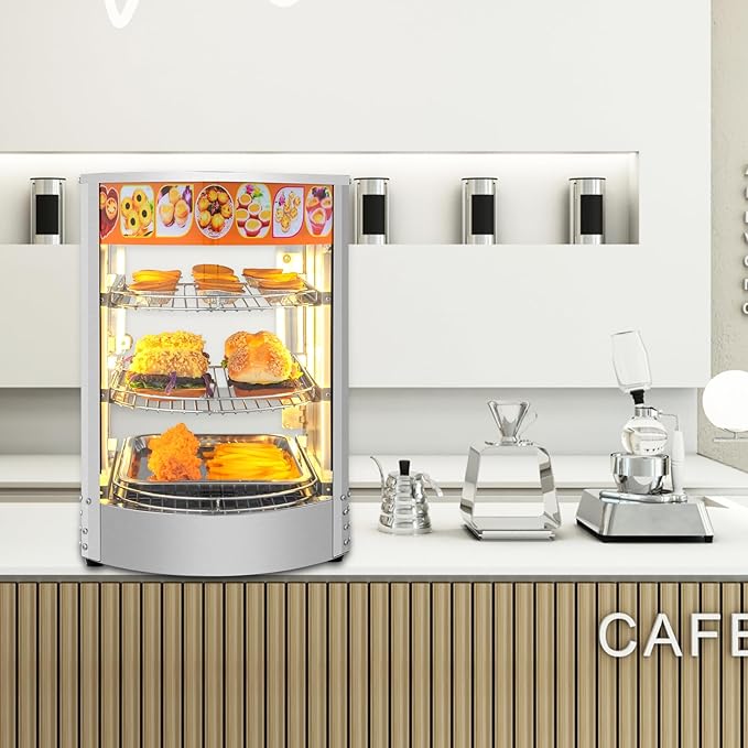 ROVSUN 3-Tier Food Warmer Pizza Warmer Countertop, Commerical Food Warmer Display with LED Lighting Removable Shelves Glass Door, Pretzel Warmer for Buffet Restaurant Cafe, 110V 800W