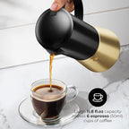 Stovetop Espresso Maker, Stainless Steel Moka Pot 6 Cup, Gold Espresso Maker (12 fl oz), Italian Coffee Pot, Compatible with Gas, Electric and Induction, Black & Gold Finish