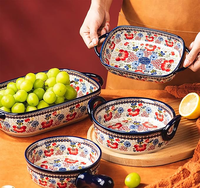 Vintage Flowers Style Ceramic Bakeware Casserole Dish Baking Pan Lasagna Pans Baking Dish with Handles for Oven/Cooking/Kitchen-1 PCS-Red Flowers-20 OZ