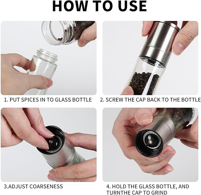 Salt and Pepper Grinder Set of 2 - Adjustable Sea Salt Grinder, Pepper Mill Grinder, Salt and Pepper Shakers - Small Salt and Pepper Grinder Set with Stainless Steel Cap and Glass Container