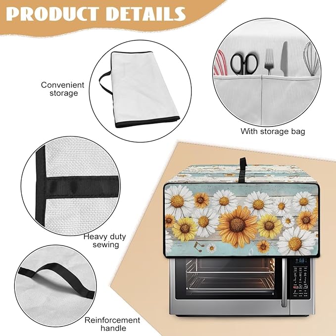 Wooden Board Daisy Print Toaster Oven Dust-proof Cover for Kitchen Small Appliance Fingerprint Protection Decorative Countertop Oven Protector (Medium-16.1 * 19.71 * 10 inches)