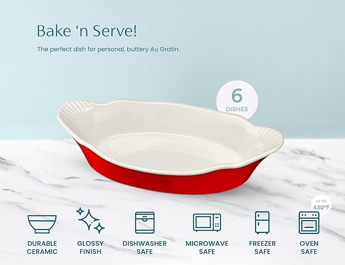 Au Gratin Baking Dishes, by Kook, Mini Casserole Dish, Set of 6, for Banana Split, Oven and Microwave Safe, Dishwasher Safe, Ceramic Serving Dishes, Lasagna & Cobblers, Individual Serving, 12 oz (Cherry Red)