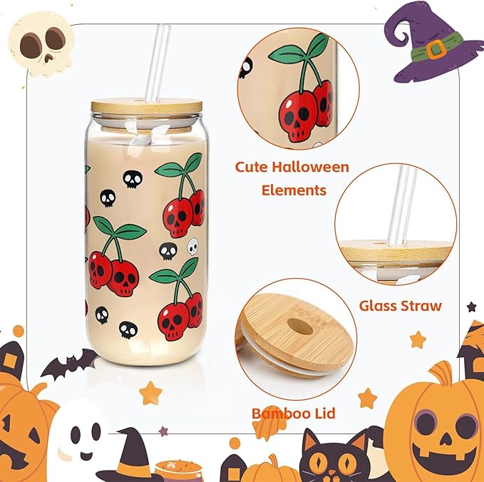 ANOTION Halloween Cups, 18oz Ghost Pumpkin Iced Coffee Mason Jar Mugs, Glass Tumbler with Lids Straws Gift Bags, Boo Basket Stuffers, Halloween Party Home Decorations & Gifts for Women Adults Kids