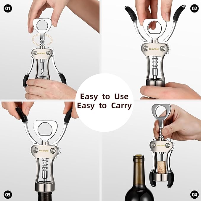 Wing Corkscrew Wine Opener, Premium Zinc Alloy Manual Bottle Opener, Heavy Duty Multifunctional Tool for Kitchen, Bar, Restaurant & Waiters (Matte Silver)
