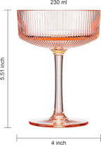 Khen Shatterproof Acrylic Ribbed Vintage Art Deco Martini, Champagne & Cocktail Pink Peach Tint Color Plastic Coupe Glasses | Set of 6 | 8oz Ripple Glassware Cocktail Indoor & Outdoor European Style