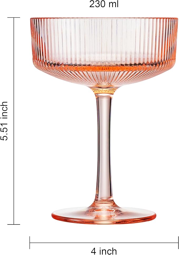 Khen Shatterproof Acrylic Ribbed Vintage Art Deco Coupe Glasses | Set of 4 | 8oz Ripple Glassware for Indoor & Outdoor Use | Pink (Peach-Tinted) Glasses