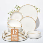 Pokini Dinnerware Set for 4, Ceramic Dish Set, Plate and Bowl Set, Microwave & Dishwasher Safe Dishware Set, Chip & Scratch Resistant Dinner Sets, Irregular Edge Design, White