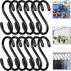 Vinyl Coated S Hook, Hanging Plants,Non Slip,Small Rubber Coated Steel Metal Black Closet S Hook for Hanging Jeans Plants Jewelry Pot Pan Cups Towels (12, 3 Inch+Black + Vinyl Coating)