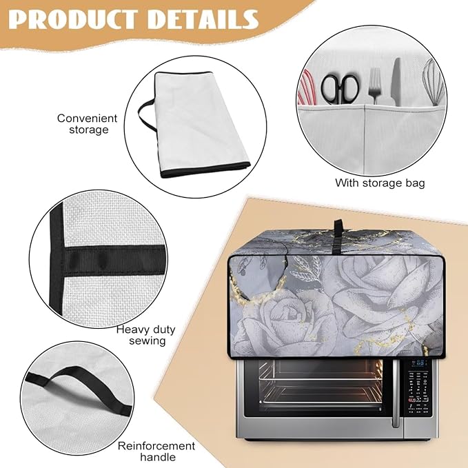 Marble Rose Flower Print Toaster Oven Cover, Stain-Resistant Air Fryer Cover with Storage Pocket, Kitchen Decorative Oven Protector, Black Grey Gold, (Small-14.5*18.46*9 inches)