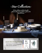 Famiware Star 12-Piece Stoneware Dinnerware Sets for 4, Reactive Glaze Plates and Bowls, Modern Rustic Dishes for Everyday & Formal Use, Chip/Scratch Resistant, Microwave/Dishwasher Safe, White & Blue