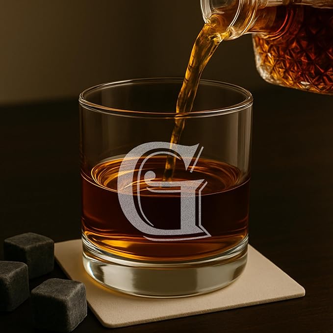 On The Rox Drinks 4 Piece Glass Set Engraved with G Monogram, 11-Ounce