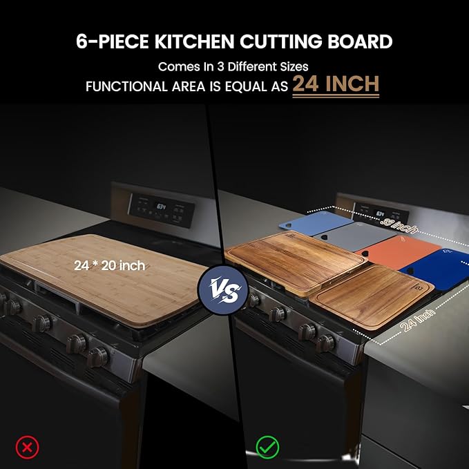 Cutting Boards Large Set of 7, Acacia Wood Charcuterie Chopping Board for Kitchen with Holder Non Slip Feet, Plastic Serving Board Mats, Juice Groove, Reversible Butcher Block for Meat Cheese Bread