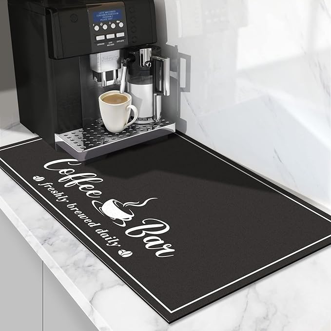 CooRug Absorbent Coffee Mat, Fashion Dish Drying Mat for Kitchen Counter Coffee Bar Accessories Espresso Machine Dish Rack 16" x 24" Black