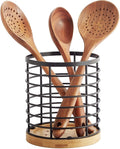 Utensil holder for Kitchen Counter - 5.2" x 5.2" x 6" Large Round with Wooden Base Matte Black Cooking Utensil Holder Utensil Organizer (Metal+Bamboo)