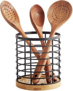 Utensil holder for Kitchen Counter - 5.2" x 5.2" x 6" Large Round with Wooden Base Matte Black Cooking Utensil Holder Utensil Organizer (Metal+Bamboo)
