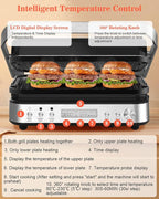 Panini Press Grill Sandwich Maker with Removable Plates, 1600W, 6 in 1 Indoor Grill with Meat Thermometer, Electric Contact Grills for Kitchen, Stainless Steel