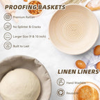 Bread Proofing Basket, Kikcoin Banneton Bread Proofing Basket Set of 2, 9 Inch & 10 Inch Round Sourdough Proofing Basket with Linen Liner, Bread Lame, Dough Whisk