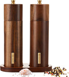 Wooden Salt and Pepper Grinder Set 8 Inch Manual Salt and Pepper Mill with Tray Adjustable Coarseness Refillable Wood Grinders with Gold Bottle Label for Kitchen Christmas Home Gift(Wood Color)