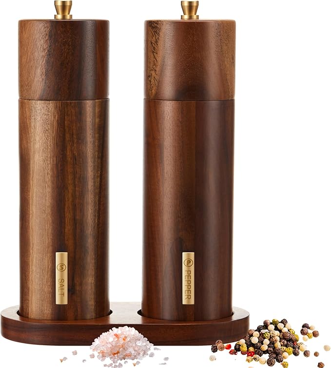 Wooden Salt and Pepper Grinder Set 8 Inch Manual Salt and Pepper Mill with Tray Adjustable Coarseness Refillable Wood Grinders with Gold Bottle Label for Kitchen Christmas Home Gift(Wood Color)