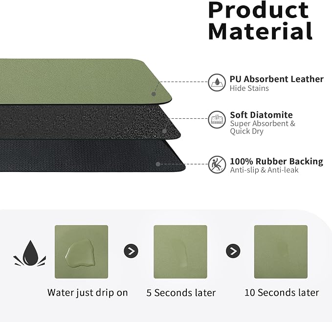 HotLive Dish Drying Mat for Kitchen Counter, Heat Resistant Drainer Mats with Non-slip Rubber Backed, Hide Stain Kitchen Super Absorbent Draining Mat, Easy to Clean Dish Rack Pad, Green 16"x20"