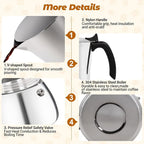 No Coating 4 Cup Thickened 304 Stainless Steel Moka Pot Stovetop Espresso Maker Italian Coffee Machine 200ml 6.8oz Suitable for Gas Induction Stovetop Greca Coffee Maker Percolator