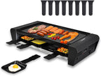 TAMARIT Raclette Table Grill for 8, 2 in 1 Small Swiss Style PFAS-No Nonstick Reversible Grill/Griddle Plate Adjustable Temperature Control 1300 W, 8 Raclette Cheese Pans Black