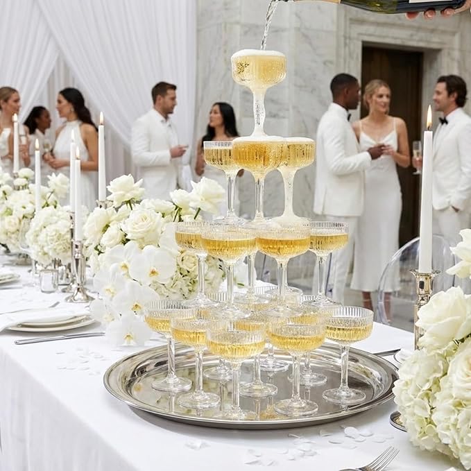 Premium ACRYLIC Champagne Tower Kit | 20 Stackable 7 oz Plastic Coupe Flutes | Reusable & Shatterproof Clear Plastic Glasses for Wedding Receptions, Birthday Parties, and Special Events, Clear Tall