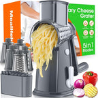 MealHelper 5 Blade Rotary Cheese Grater Hand Crank with Storage Box, Vegetable Chopper, Cheese Shredder for Cheeses, Veggies, Nuts - Easy to Use, Non-slip Suction Base, Gray