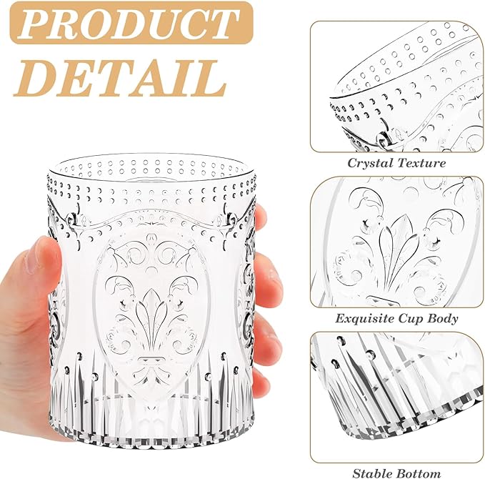 Qinyoung 100 Plastic Vintage Drinking Glasses 8.5oz Stemless Retro Embossed Wine Glasses Shatterproof Reusable Cups for Baby Shower Wedding Reception Grand Event Party (Clear)