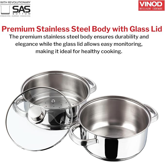 Vinod Stainless Steel 2-Tier Steamer with Glass Lid and Riveted Handles Ideal for Momo, Modak and More Induction and Gas Compatible 7.8 in 2-Year Silver