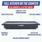 Blue Diamond 20” x 10.5” Extra Large Electric Griddle, Healthy Ceramic Nonstick Surface, Non-Toxic PFAS-Free, Temperature Control, Family Friendly, Removable Drip Tray, Easy Clean, Graphite